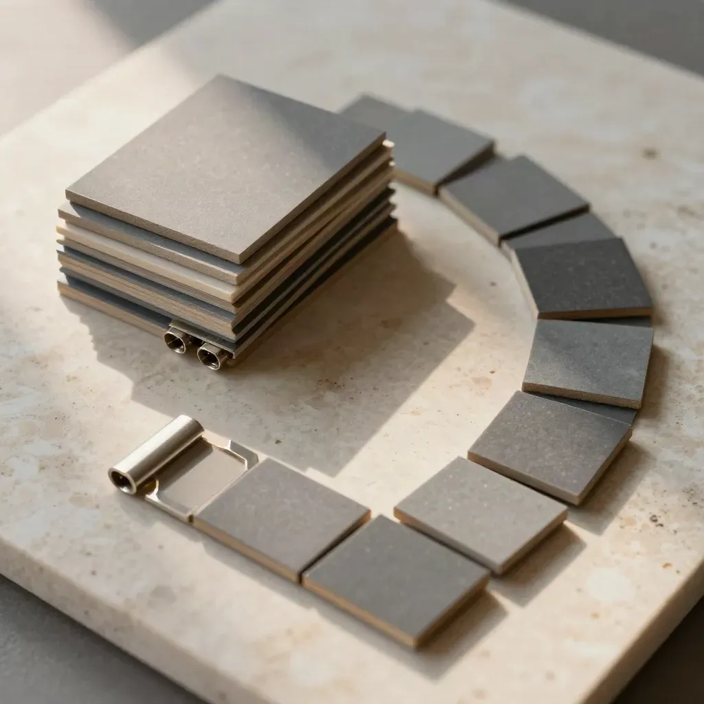 Top-down stone slab with samples, connector heads, and blank tiles in warm sunlight.