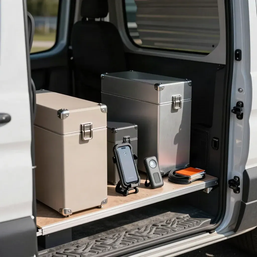 Packed van quote kit with sample cases, phone mount and work light, ready to roll.