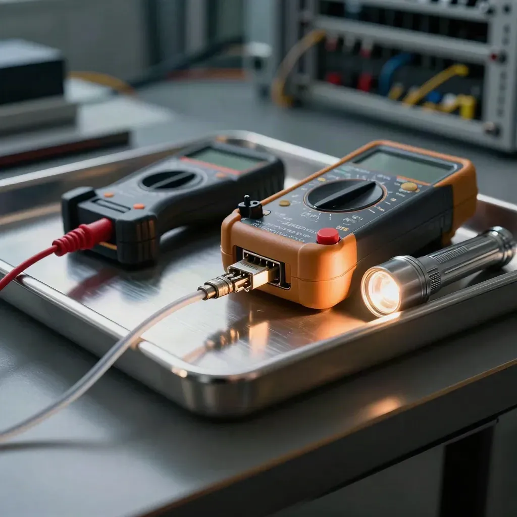 Macro still life of network testing tools on a brushed steel tray in workshop haze.