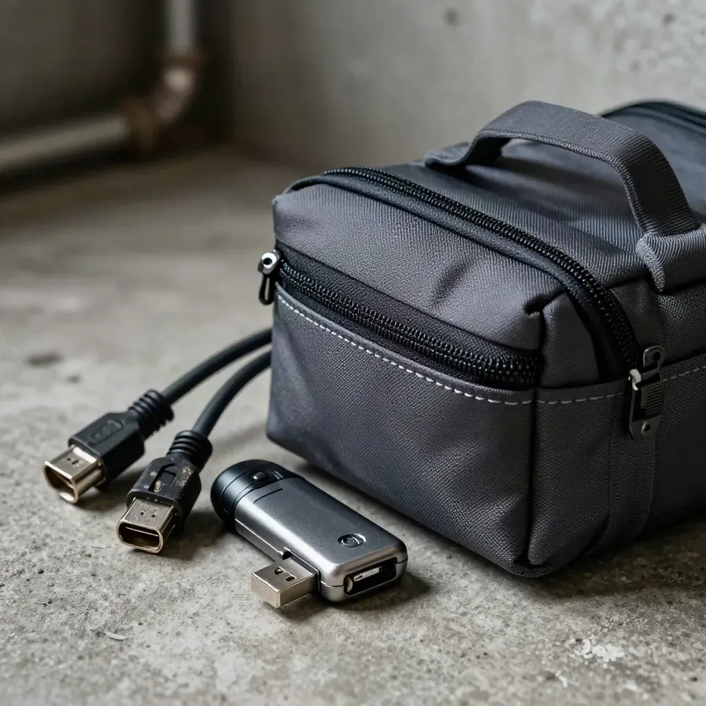 Support engineer kit with patch leads, flashlight, recovery key, and service pouch on concrete.