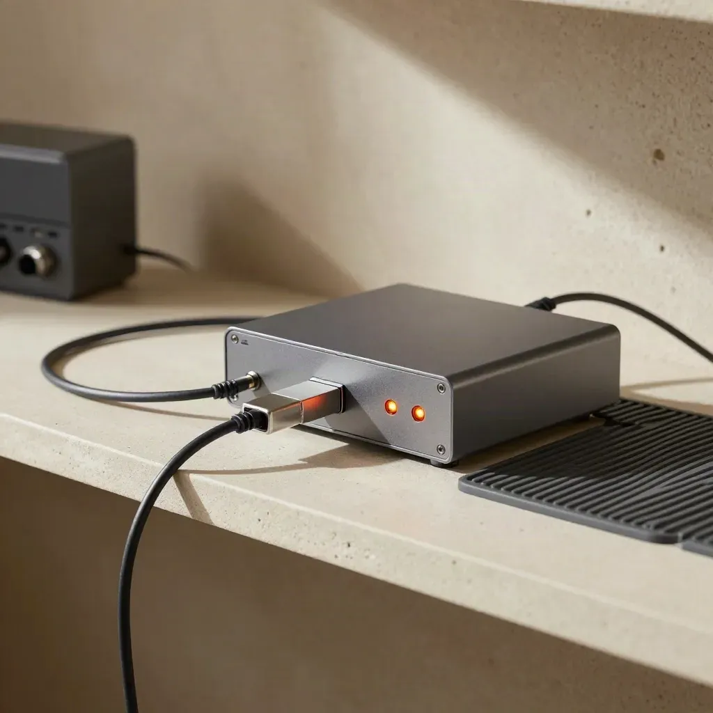 Compact test rig with braided cables, loopback dongle, and blinking indicator on a work shelf.