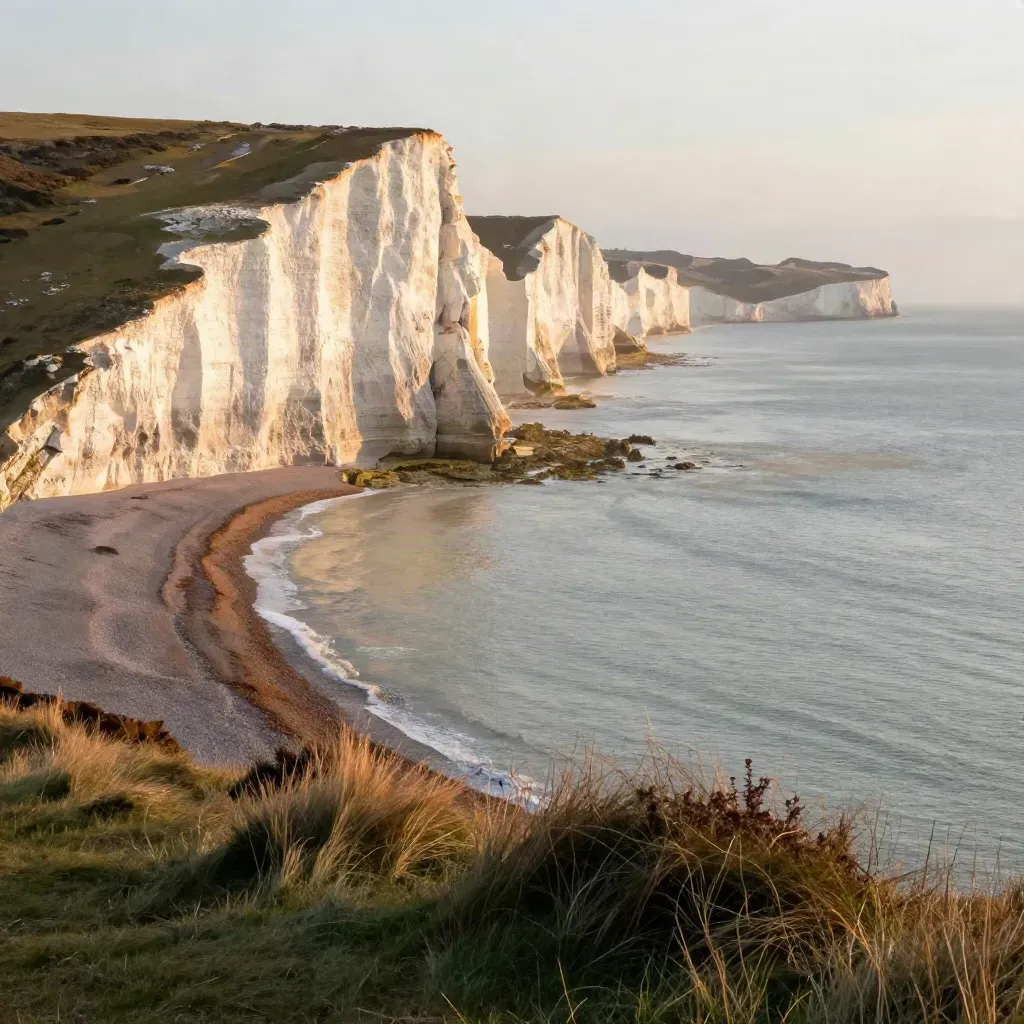 Seven Sisters chalk cliffs glowing above a calm slate sea at golden hour.