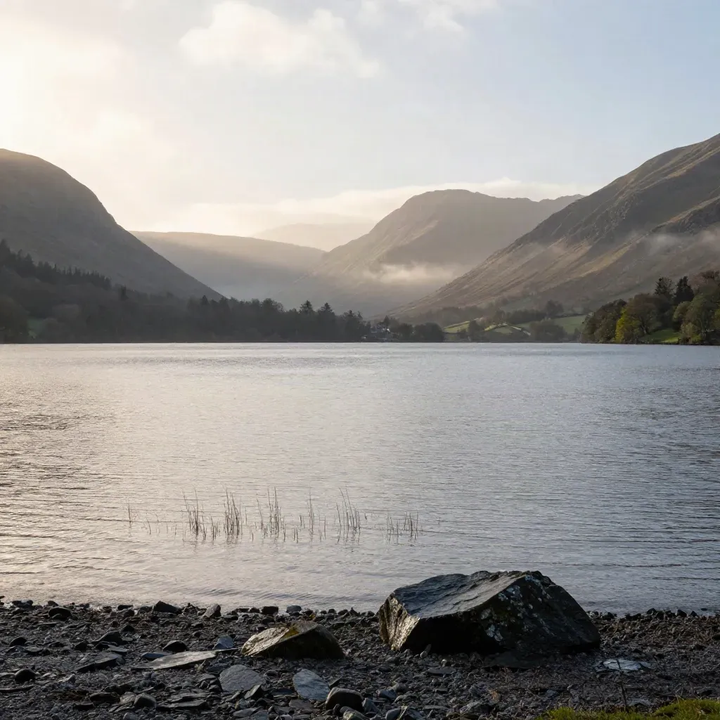 Mist over Derwentwater with dark Lake District ridges and a pale dawn sky.